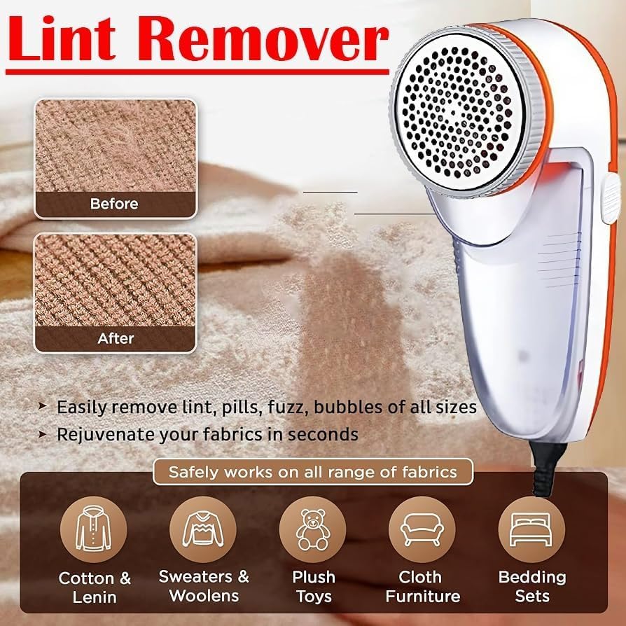 Plastic Nova Electric Lint Remover | With 3 Leaf Blade, 9500 RPM Turbo Motor, Honeycomb Mesh, Safety Cover, Lint Remover For Clothes White And Orange