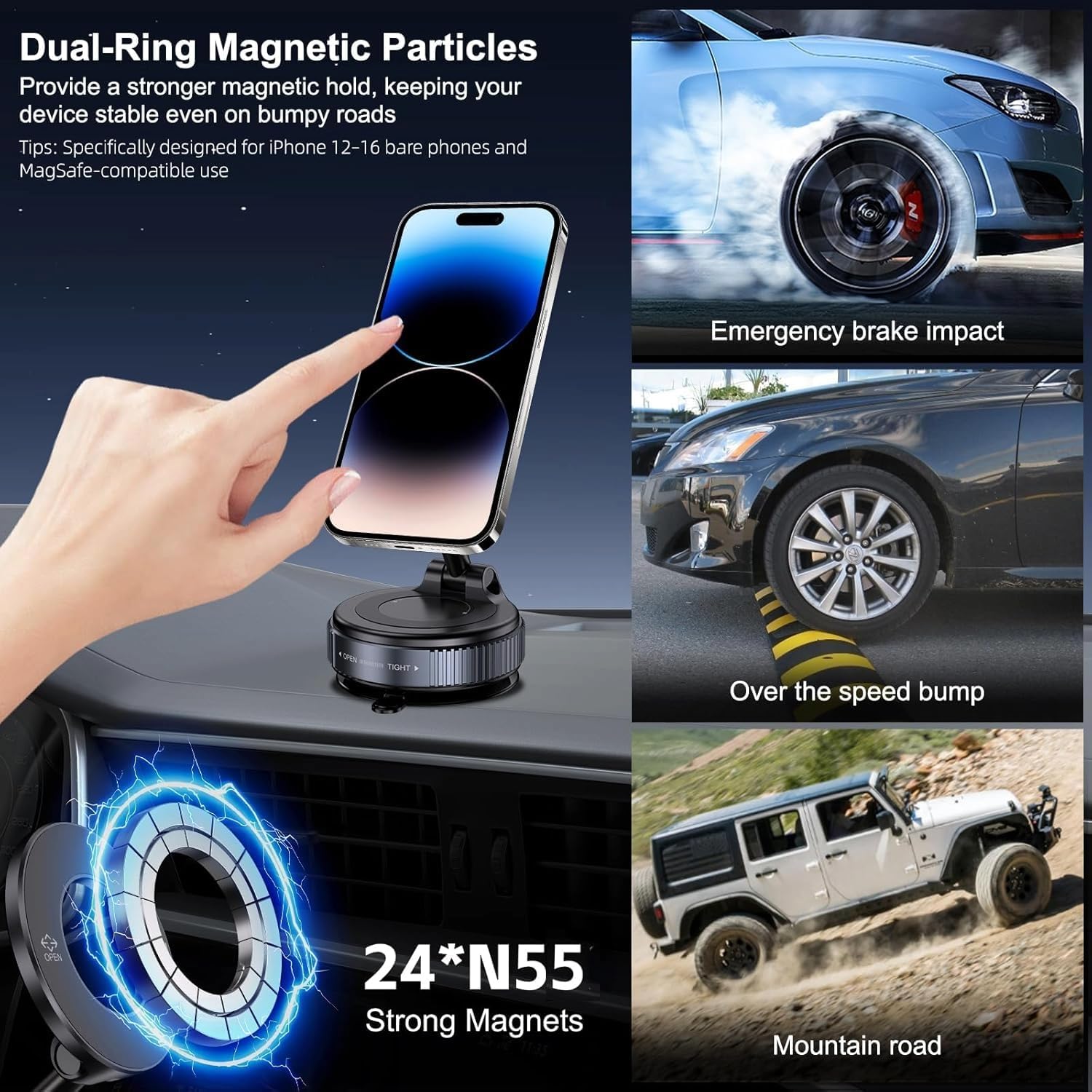 Upgraded 360° Vaccum Magnetic Phones Holder, Magnetic Car Phone Mount, Hands-Free Suction Cup Phones Holder for Car/Gym/Mirror/Shower, Car Mount Compatible with All Mobile (Pro Black)