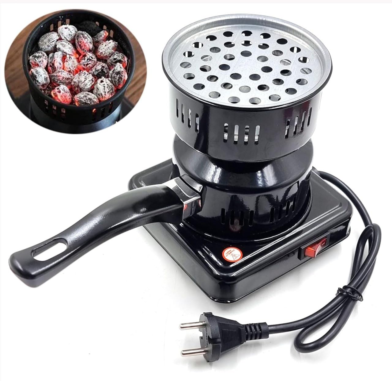 Electric Charcoal Burner with Wooden Handle & Removable Mesh Basket, कोयला बर्नर | Fast Heating Coal Igniter for Hookah, BBQ, Incense, Hawan & Cooking | Heavy Duty Smokeless Charcoal Heater